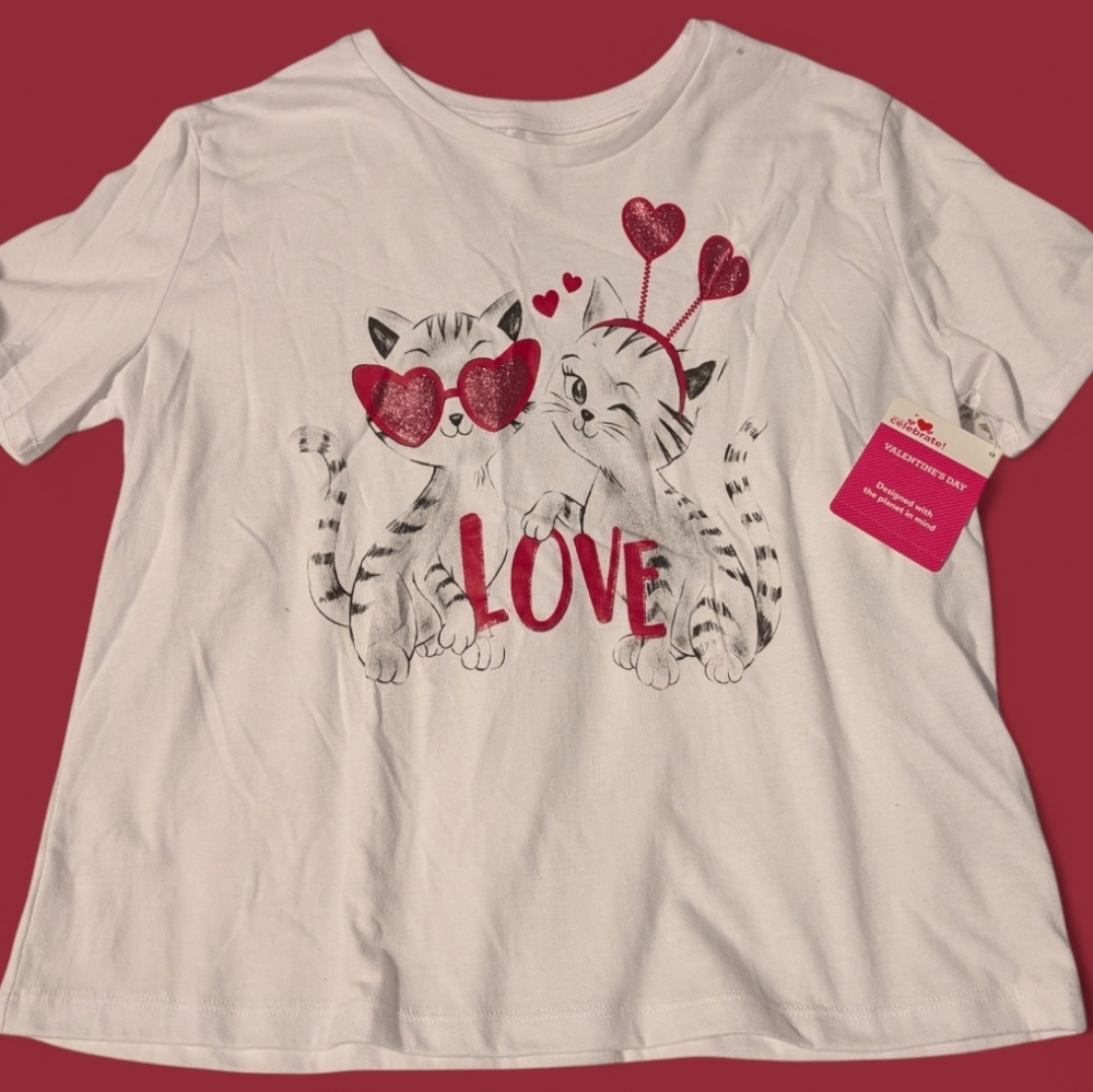 Girl Kitty Cat Glitter Love Valentine's Day Shirt‎ Size 14/16 NWT